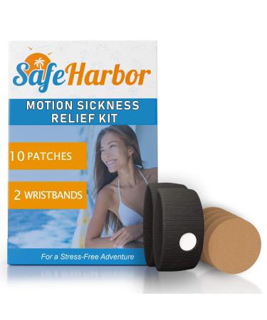 SafeHarbor Motion Sickness Relief and Anti Nausea Kit for Your Cruise Essentials | 2 Motion Sickness Bands 10 Natural + Herbal Relief Patches| Works for Children and Adults | Helpful E-Book Included