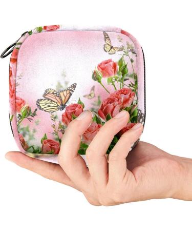 Buy Stylish Menstruation Bag with Zipper - Pink Rose & Butterfly | Ideal for Tampons & Napkins | Perfect for Women & Girls - Buy Online on GoSupps.com