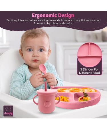 CHEEKYCHOPS 9 PCS Baby Weaning Set & Ebook Includes Baby Plate Adjustable Bib Cup Recipe Ebook Suction Baby Bowl and Spoon Baby weaning Set Baby Pink - Buy Online on GoSupps.com