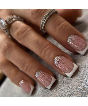 French Fake Nails Square 24Pcs White French False Nails Press on Nails Pattern Glitter French Nail Tips with Nail Glue Acrylic Stick on Nails for Women Girls Nails Art Ultra Glitter French