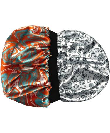 Silk Satin Bonnet for Men - Double Sided Nightcap for Curly Hair, Dreads, Braids - Miami Orange & Blue/White Paisley - Unisex Sleep Cap - Buy Online on GoSupps.com