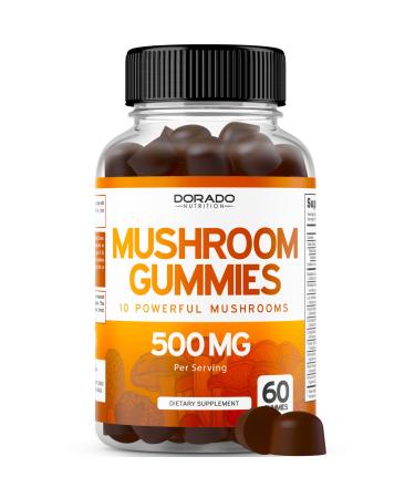 Mushroom Gummies 10 in 1 Blend (60 Gummies with Lions Mane Cordyceps Reishi & More Functional Mushrooms) Focus & Brain Gummy Mushroom Supplement - Vegan Safe & Third Party Tested - USA Made 60 Count (Pack of 1)