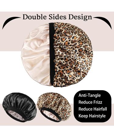 Double-Sided Satin Hair Hood Bonnet - 2-Piece Sleep Cap for Women & Girls | Soft Breathable Nighttime Hair Protection (Black & Leopard) - Buy Online on GoSupps.com