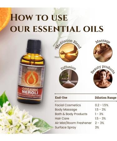 Ecodrop Pure Neroli Essential Oil - 100% Natural Therapeutic Grade | Aromatherapy & Diffuser Oil | Organic Citrus Aurantium - 1.69 Oz - Buy Online on GoSupps.com