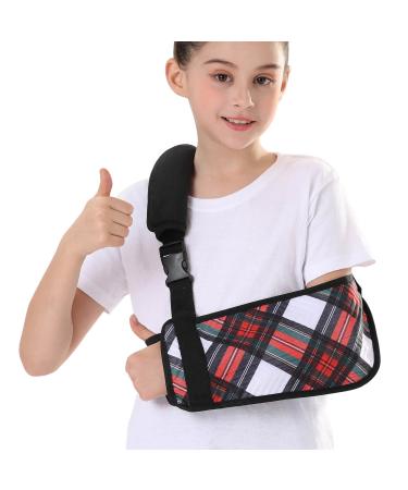 Kids Arm Sling Soft Plaid Arm Sling for Kids Breathable Fabric Shoulder Immobilizer Arm Brace Support Sling with Buckle for Children Red (Large)