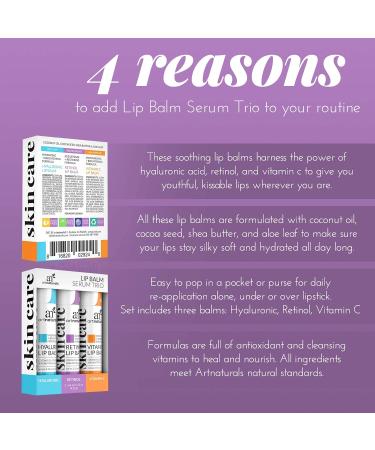 ArtNaturals Lip Balm Serum Trio - Hyaluronic, Retinol, Vitamin C - Chapstick for Dry, Chapped Lips - Lip Repair - 3 x .15 Oz - Buy Online on GoSupps.com