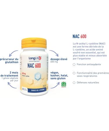 LongLife NAC 600 mg | Pr curseur du glutathion | Haute concentration | NAC N-ac tyl-cyst ine | D fenses immunitaires adultes | 60 g lules d origine v g tale | V gan et sans gluten - Buy Online on GoSupps.com