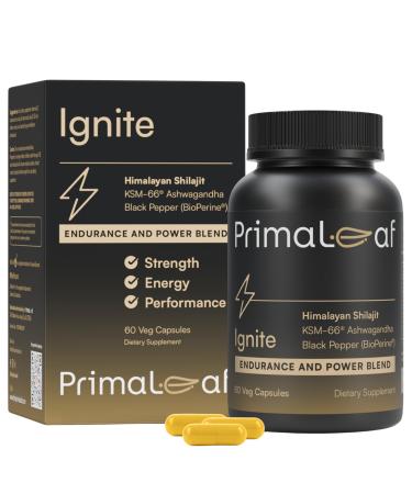 PrimaLeaf Ignite Energy & Performance Supplement | Natural Energy Booster with Himalayan Shilajit KSM66 Ashwagandha & Zinc | Stamina Muscle Recovery & Endurance Support | 60 Veg Capsules