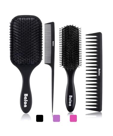4Pcs Hair Brushes for Women, Hair Comb for Women and Detangling Paddle Brush, Great On Wet or Dry Hair, No More Tangle Hair Brush Set for Straight Long Thick Curly Natural Hair (Black)