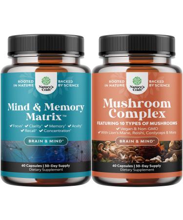Bundle of Matrix Nootropic Brain Supplement for Memory and Focus Enhancement - Vitamins for Mental Health & Clarity and Advanced Mushroom Complex Capsules for Brain Health Memory Support & Focus