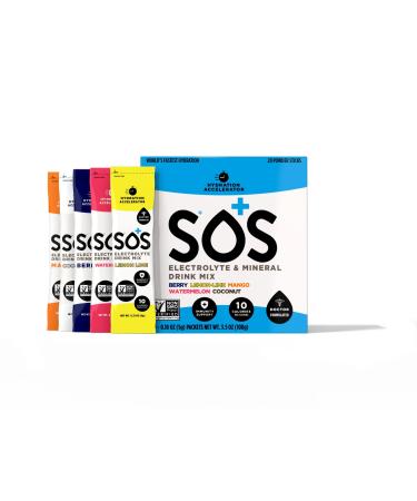 SOS Hydration: Electrolyte and Mineral Drink Mix- Variety Pack x 20 Single Serving Stick Packets | Minerals| Low-Sugar | Keto Certified| Non-GMO | Gluten Free Variety 0.16 Ounce (Pack of 20)