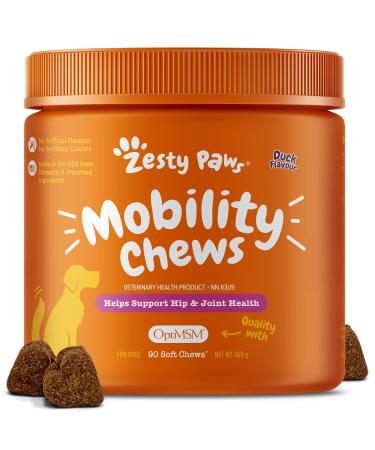 Glucosamine for Dogs Mobility Chews - Premium Hip and Joint Supplement for Dogs with Glucosamine Chondroitin & OptiMSM Supports Dog Arthritis Pain Relief Duck Flavour 90 Count Zesty Paws Duck 90 Count (Pack of 1)