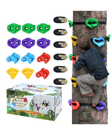 TOPNEW 12 Ninja Tree Climbing Holds for Kids Climber Adult Climbing Rocks with 6 Ratchet Straps for Outdoor Ninja Warrior Obstacle Course Training