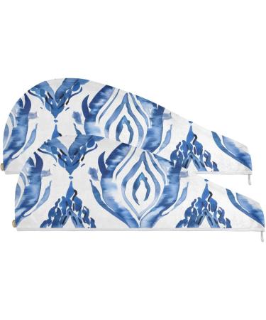 Shibori Waves Blue White Hair Towel 2 Pack | Super Absorbent Quick Dry Hair Turbans for Women & Girls - Buy Online on GoSupps.com