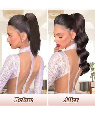 FESHFEN Curly Wavy Ponytail Extension 60cm Dark Brown & Light Auburn - Clip-in Synthetic Hairpiece for Women & Girls - Buy Online on GoSupps.com