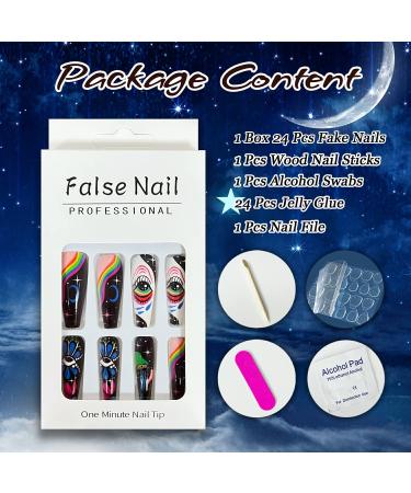 Graffiti Flower Full Cover Coffin Fake Nails with Rainbow Designs - Nail Art Decor for Women & Girls - Buy Online on GoSupps.com