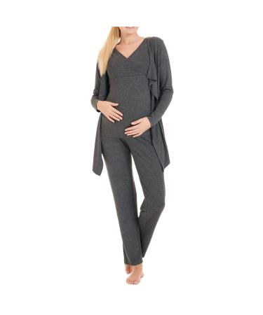 Herzmutter Maternity Homewear Set for Women - Three Piece Nursing Pyjamas - Pregnancy Wellness Set - Leisure Suit for Pregnancy and Breastfeeding - Trousers Top Cardigan - 8100 L Dark Gray