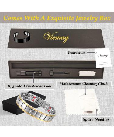 Vicmag Men Magnetic Bracelet | Titanium Steel Double Row 3500 Gauss Wristband | Adjustable & Gift Box Included | Silver Gold 4 Elements - Buy Online on GoSupps.com