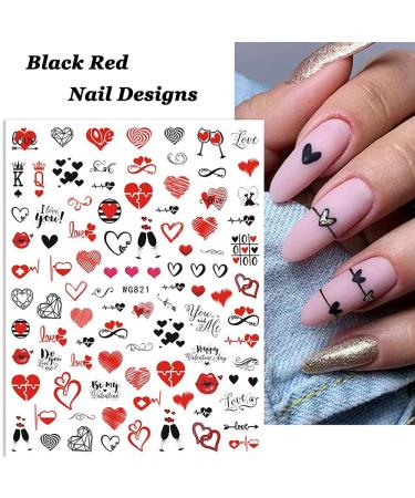 Heart Nail Stickers - 6 Sheets 3D Self Adhesive Decals for Women - Black Red Love Angel Cupid Designs - DIY Valentines Manicure Decor - Buy Online on GoSupps.com