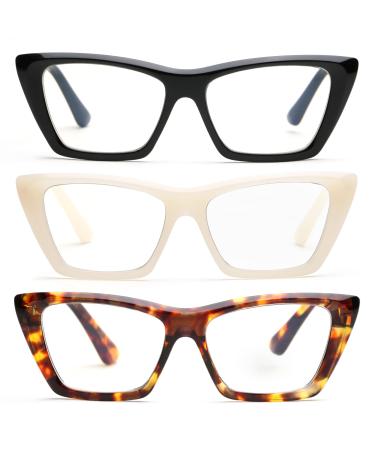 JOO'RTI 3 Pack Cat-Eye Blue Light Blocking Reading Glasses for Women Stylish Design Fashion and Cute Black/Tortoise/Beige 1.0 x