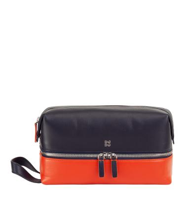 DUDU Beauty Case for Travel Men and Women Handmade Leather Toiletry Bag 2 Compartments with Carrying Handle Navy