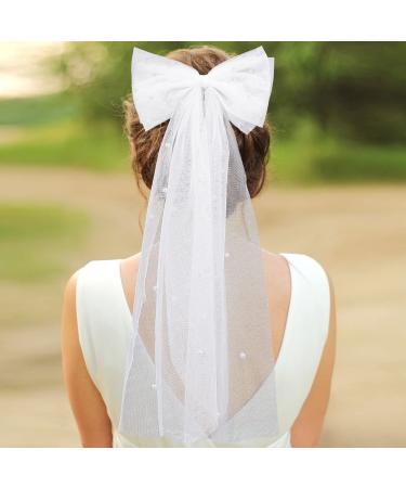 Juinte Bridal Hair Bow Veil Bachelorette Party Pearl Clip Wedding Bride Accessories Bridesmaid Favors Large with Barrette Decorations(White Blunt Edge) Blunt Edge White