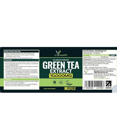 Vegan Green Tea Extract Capsules 10,000mg - Metabolism Booster for Weight Loss - 60 Vegan Capsules - UK Made by YrHealth - Buy Online on GoSupps.com