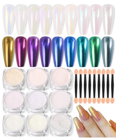 9 pieces chrome nail powder nail chrome rose gold purple reflecting mirror effect glitter laser powder with 9 eyeshadow brush 9 pieces chrome powder