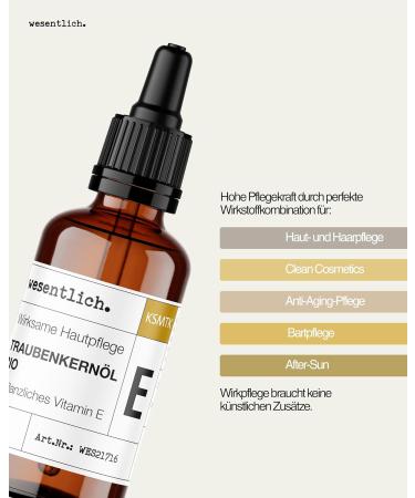 essential wesentlich Grape seed oil organic with extra vitamin E naturally pure and coldpressed cosmetics for face skin and antiaging glass bottle with pipette 50 ml - Buy Online on GoSupps.com