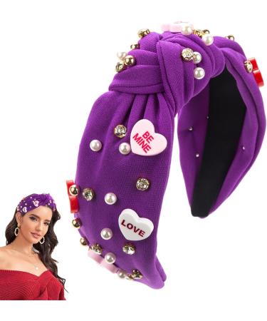 Love Heart Knotted Headband - Pink Top Knot Headband High Skull Pearl Love Heart Headband | Sophisticated Valentine's Day Headband Rhinestone Crystal Jeweled Embellished Hairband for Women Purple - Buy Online on GoSupps.com