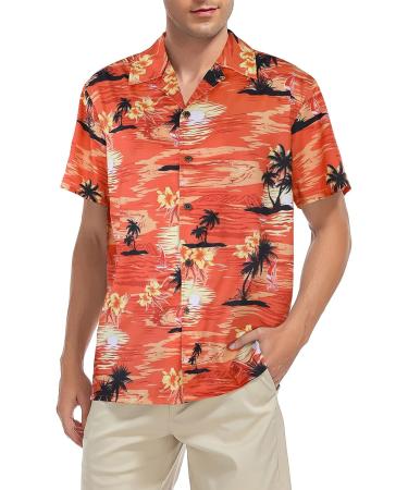 Hawaiian Men's Casual Beach Shirt - Short Sleeve Button Down Floral Palm Trees Orange - Size Medium - Buy Online on GoSupps.com