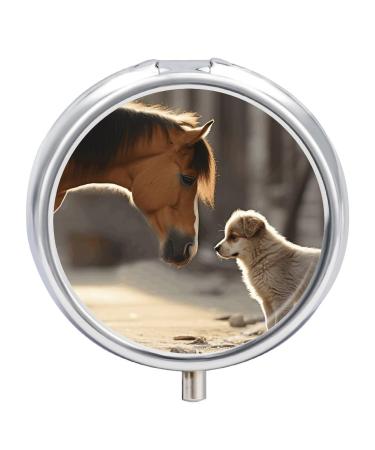 Cute Dog and Horse Printed Pill Box Small Pill Case for Purse & Pocket 3 Compartment Travel Pill Boxes Metal Round Small Pill Organizer to Hold Vitamins Medication Fish Oil and Supplements