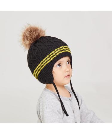 LANGZHEN Winter Knit Earflap Hat for Toddler Kids, Fleece Lined Beanie, Black Pompon, 6-12 Months - Buy Online on GoSupps.com