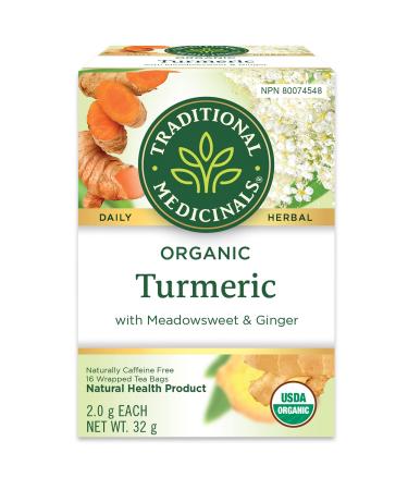 Traditional Medicinals - Organic Turmeric with Meadowsweet and Ginger Herbal Tea (Pack of 1) - Traditionally Used to Relieve Inflammation and Aid in Digestion - 16 Tea Bags Total Tea Tumeric with Meadowsweet and Gigner 16 Count (Pack of 1)
