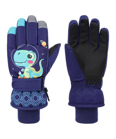 QKURT children's skiing gloves warm winter snap shoes for children thickened windproof toddler gloves with dinosaur pattern cold weather-skating toboggan gloves for boys and girls multicolored A XS