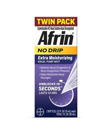 Afrin No Drip Extra Moisturizing Pump Nasal Mist Twin Pack, Congestion Relief, 1 Fluid Ounce Total (0.5 FL OZ Bottles) (Packaging May Vary)