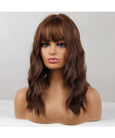 HAIRCUBE Short Brown Curly Wavy Bob Wig with Bangs - Heat Resistant Synthetic Honey Brown Wig for Women - Buy Online on GoSupps.com