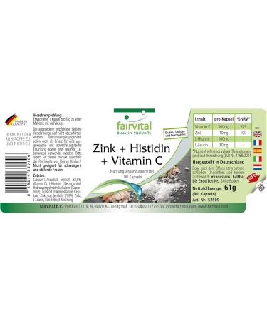 Fairvital | Zinc + Histidine + Vitamin C - for 3 months - with 300mg of Vitamin C 10mg of Zinc & 100mg of Histidine per capsule - Vegan - 90 capsules - Buy Online on GoSupps.com