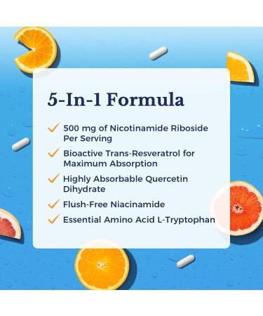 Vitalitown 5 in 1 NAD+ NMN Supplement Alternatives Nicotinamide Riboside (NR) Trans-Resveratrol Quercetin Niacinamide L-Tryptophan for Cellular Energy Heart Skin 60 Veggie Capsules 60 Count (Pack of 1) - Buy Online on GoSupps.com