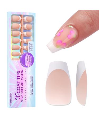 BTArtboxnails Soft Gel Nail Tips - 150pcs Short Coffin French Tip Press on Nails Nude Acrylic Nail Tips Kit Fake Nails Supplies Glue on Nails Extension Tips No Needed French Tip Nail Tool Stamper C-Nude Short Coffin