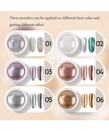 Pockcat 6 Colors Chrome Nail Powder Set for Glittery Metal Mirror Effect - 3D Holographic Ice Aurora Dust Nail Art Kit with Sponge Sticks - Buy Online on GoSupps.com