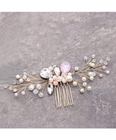 Dainty Pink Crystal Rhinestone Bride Wedding Hair Comb - Rose Gold Pearl Beads Side Hair Comb for Women - Buy Online on GoSupps.com