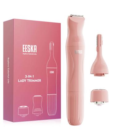Bikini Trimmer for Women, EESKA 3 in 1 Cordless Electric Shaver Clipper IPX7 Waterproof Wet & Dry Use Lady Razor Groomer for Legs, Arms & Bikini with Painless Facial Hair Removal Eyebrow Trimmer Pink
