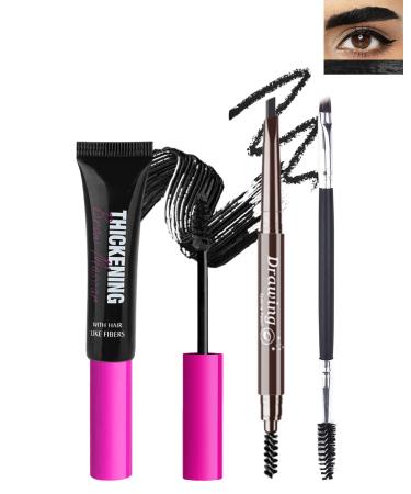 Tinted Brow Gel Kit-1 Black Tinted Eyebrow Mascara Gel & 1 Eyebrow Pencil Black Waterproof Thickening Long Lasting Transfer-Proof Brow Glue Fill Shaping Eyebrow Makeup with Brow Tool & Brush-Set 8 Set 8 Black