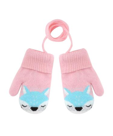 Girls Boys Cute Fox Knitting Short Full Finger Gloves Toddler Kids Winter Thermal Plush Lining Cycling Camping Gloves Mitten for 1-3 Yrs Pink