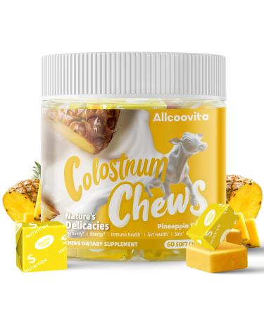 Bovine Colostrum Chews Supplement with probiotics for Gut Health Bloating Immune Support Skin Hair Growth and Beauty - Pineapple Flavor (60 Servings)