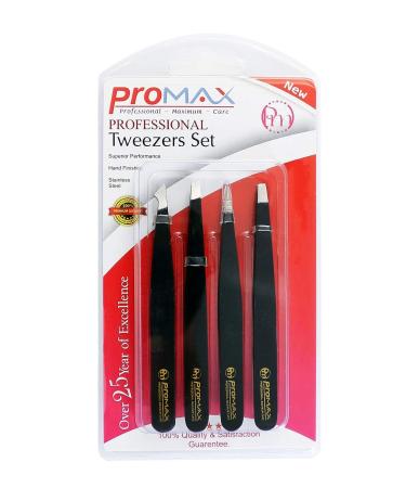 ProMax Care 4-piece Stainless Steel Eyebrow Tweezers Set - Slant Tip and Pointed Precision Tweezer Set for Facial Hair, Splinters, Blackheads, and Ingrown Hairs - Buy Online on GoSupps.com