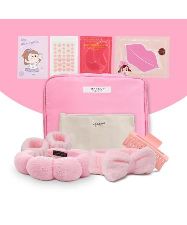 Complete Skincare Set for Birthday Gift: Pink & Tan Bags Hair Clip Oil Absorbing Sheets Anti-Wrinkle & Pimple Patches Lip & Eye Masks Spa & Bubble Headbands Wristbands -Beauty for Women Teens Pink Skincare