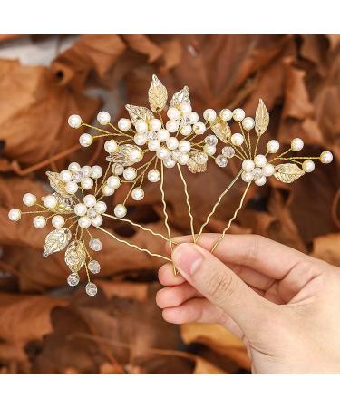 Gorais Pearl Bride Wedding Hair Pins Leaf Bridal Hair pieces Rhinestone Hair Clips Hair Accessories for Women and Girls (Pack of 3) (A-Gold)