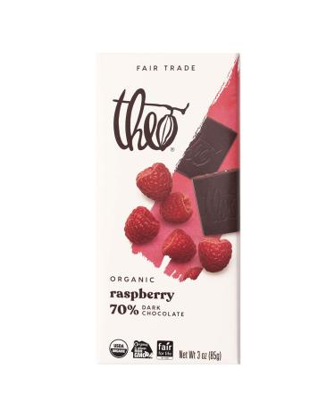 Theo Chocolate Raspberry Organic Dark Chocolate Bar, 70% Cacao, 12 Pack | Vegan, Fair Trade 3 Ounce (Pack of 12)